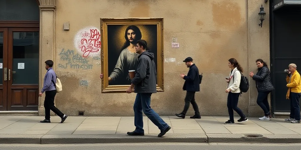 a man carrying a picture of a woman on a street with other people walking by on the sidewalk and a s