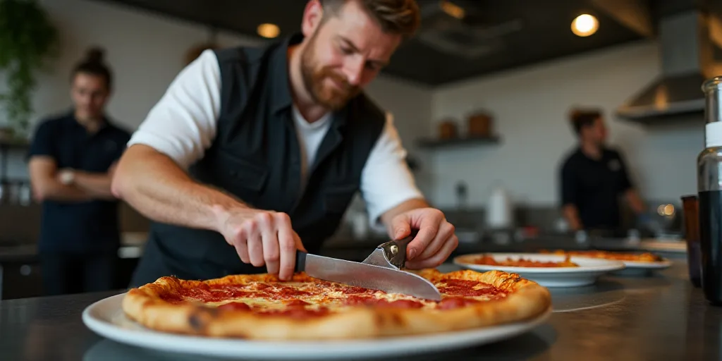 a man cutting a pizza on a plate in a kitchen with people in the background watching him and a woman