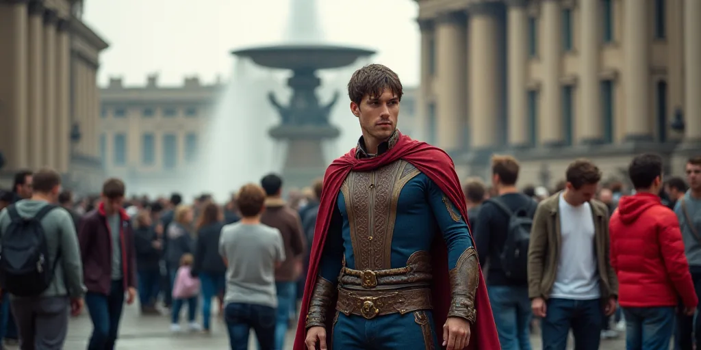 a man dressed in a costume standing in front of a crowd of people in front of a building with a foun