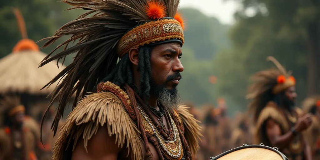 a man dressed in a costume with feathers and feathers on his head and chest, with a drum in front of