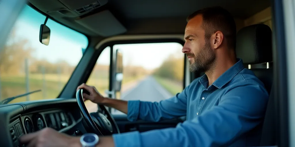 a man driving a truck with a steering wheel and a blue shirt on, in the driver's seat, Eric Dinyer,