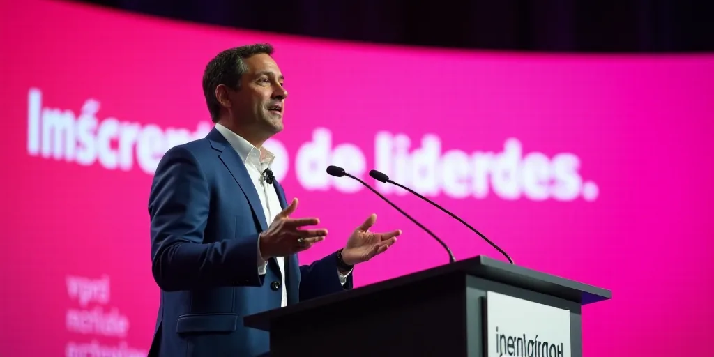 a man giving a speech at a conference with a pink background and a sign behind him that says, incule