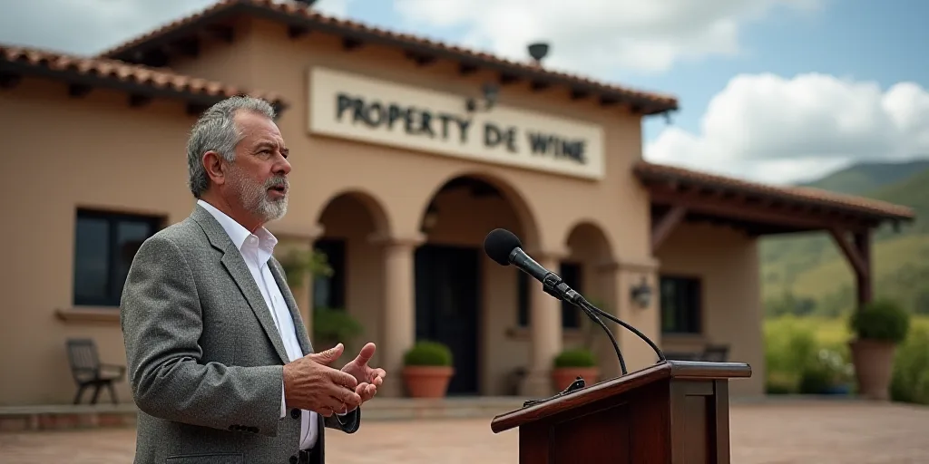 a man giving a speech at a podium in front of a building with a sign on it that says property and wi