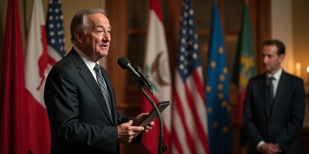 a man giving a speech in front of flags and a microphone in a room with a man in a suit, Edward Otho