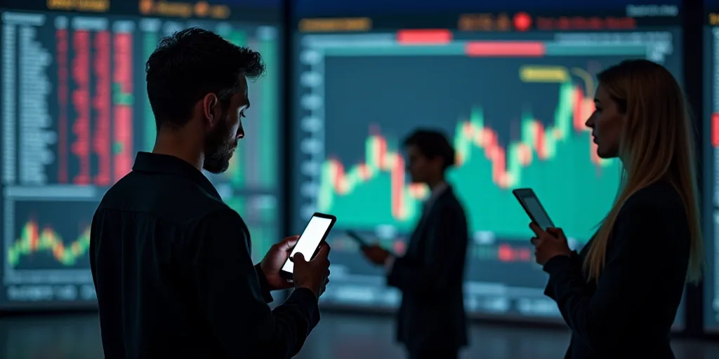 a man holding a cell phone in front of a stock market board with a woman looking at it and another w