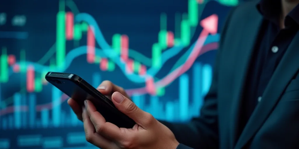 a man holding a cell phone in front of a stock chart and a building with a rising arrow on it, Andri