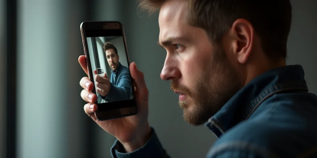 a man holding a cell phone up to his face with a picture of him on it's screen, Erik Ortvad, 8 k, a