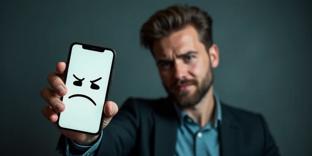a man holding a cell phone with a sad face on it's screen and a sad expression on the screen, Andrie
