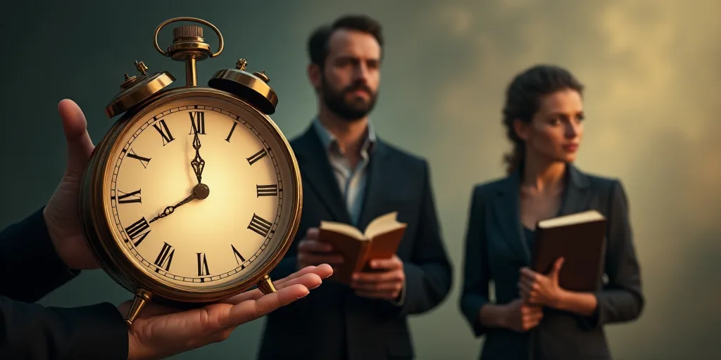 a man holding a clock in his hand while another man holds a book and a woman is holding a book, Bour