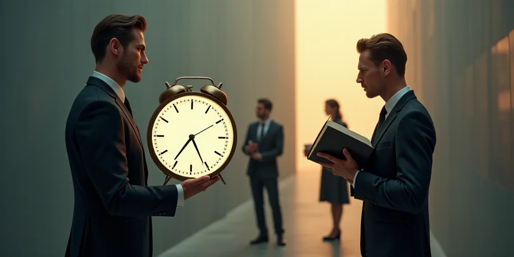 a man holding a clock in his hand while another man holds a book and a woman is holding a book, Bour