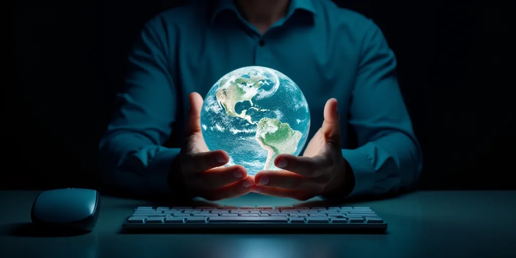 a man holding a glowing globe in his hands over a keyboard and mouse on a desk in front of a dark ba