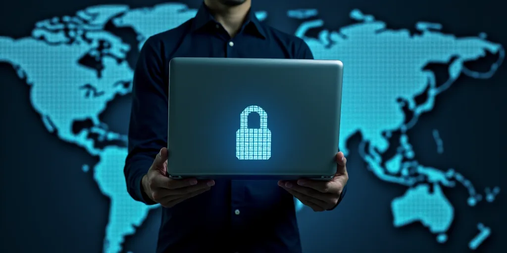 a man holding a laptop with a lock on it and a map of the united states in the background, Andries S