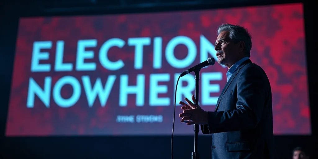 a man holding a microphone in front of a sign that says election is here on it and a microphone in f