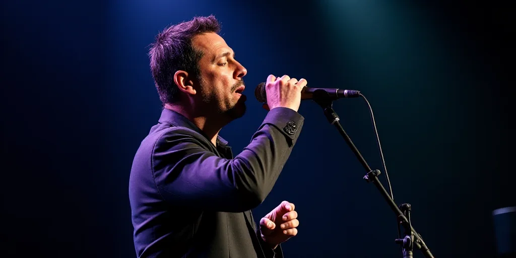 a man holding a microphone up to his mouth while standing in front of a microphone and a microphone