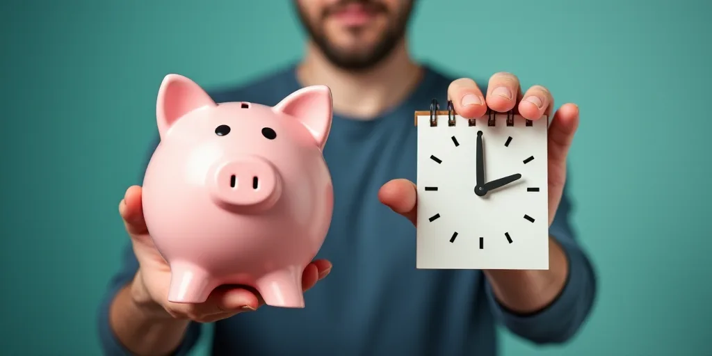 a man holding a piggy bank and a calendar with a clock on it and a calendar with a piggy bank, Avgus