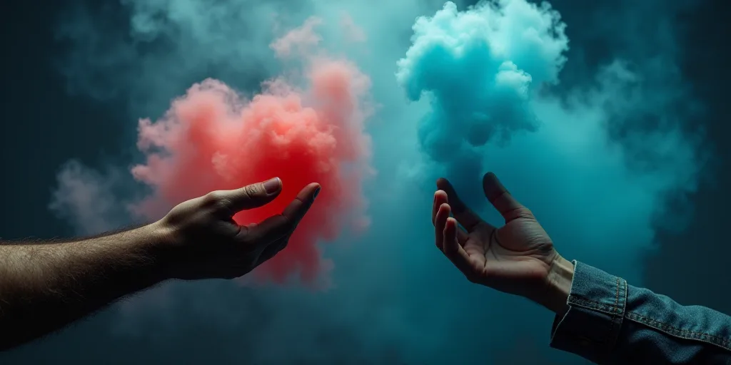a man holding a red and blue object in his hand and a woman holding a red and blue object in her oth
