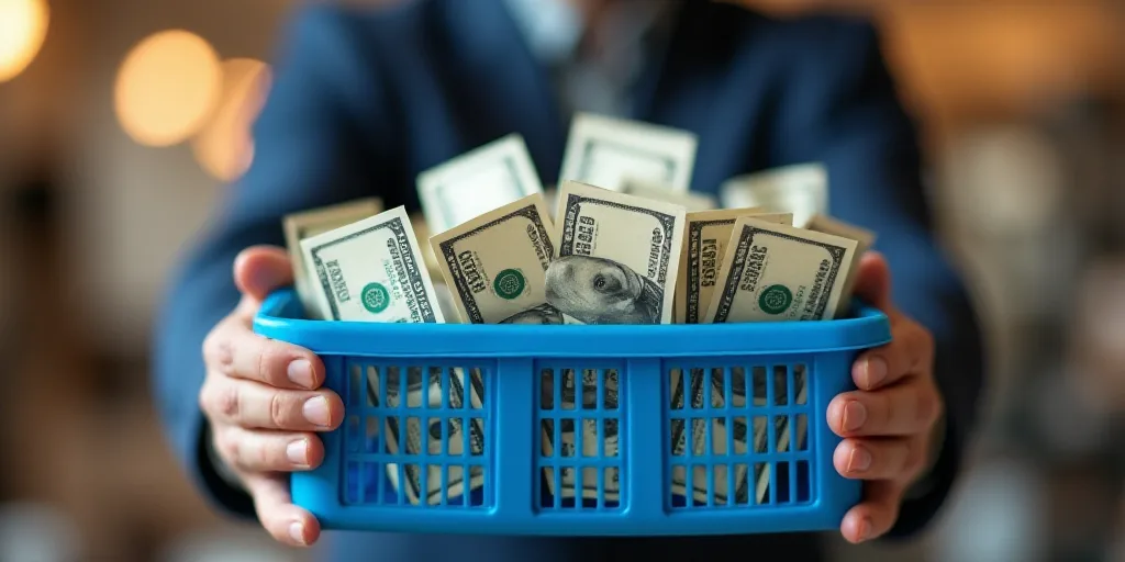 a man holding a shopping basket full of money in it's hands and a blue plastic holder in the front,