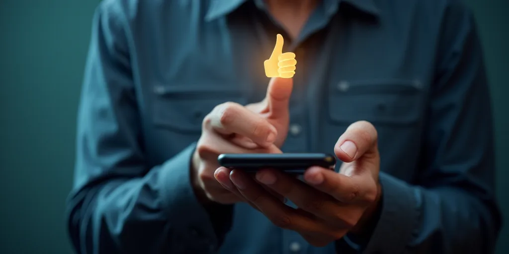 a man holding a smart phone with a thumbs up icon on it and a thumb up icon above it, Andries Stock,