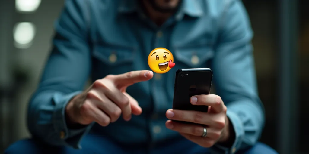 a man holding a smart phone with emotication on it's screen and pointing at it with a finger, Évari