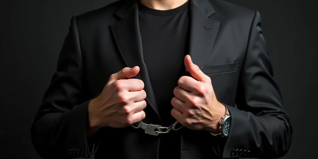 a man holding his hands in handcuffs with both hands on his chest and the other hand on his chest, D