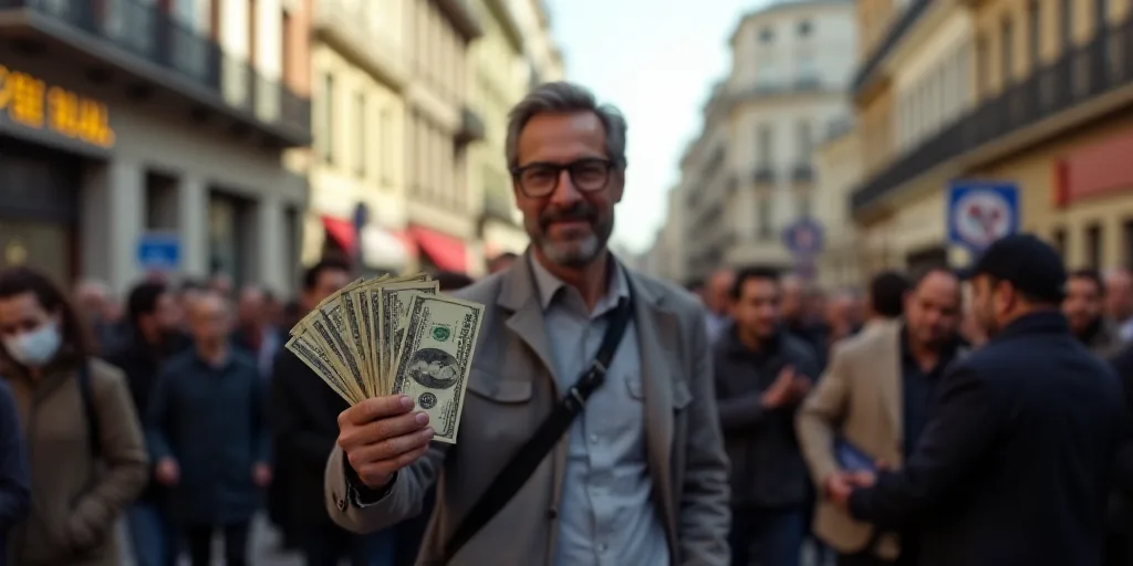 a man holding up a bundle of money in front of a crowd of people in a city street,, Carlos Catasse,