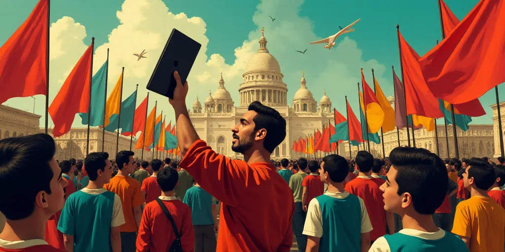 a man holding up a tablet in a crowd of people with flags in the background and a building in the ba
