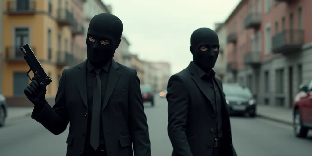 a man in a black mask holding a gun and another man in a black outfit are standing in the street, An