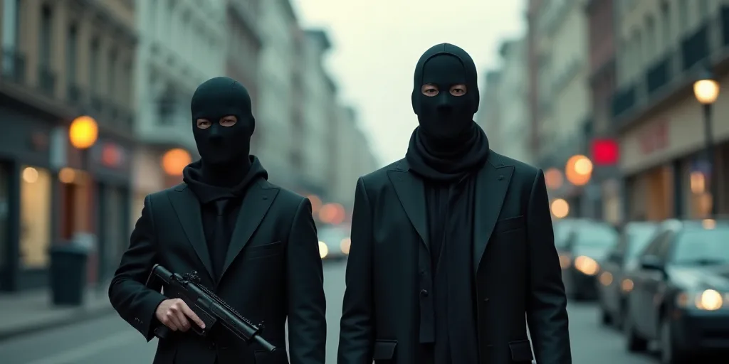a man in a black mask holding a gun and another man in a black outfit are standing in the street, An