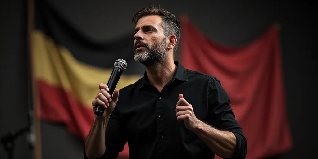 a man in a black shirt and a flag behind him and a microphone in front of him and a microphone in hi