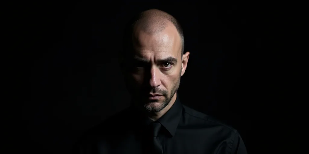 a man in a black shirt and tie looking at the camera with a serious look on his face and a black bac