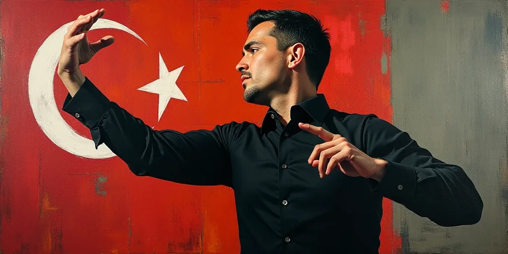 a man in a black shirt is making a gesture with his hands in front of him and a flag behind him, Dar