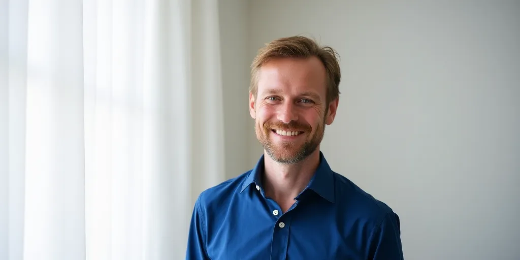 a man in a blue shirt is smiling for the camera while standing in a room with white walls and a whit