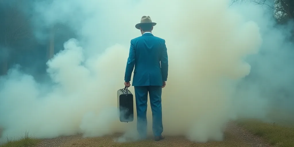 a man in a blue suit is standing in smoke with a suitcase in his hand and a hat on his head, Aquirax