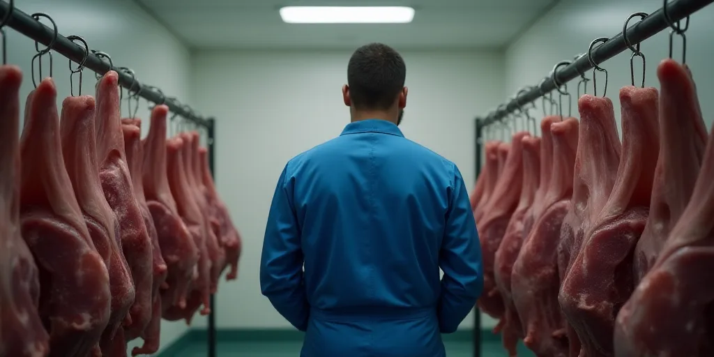 a man in a blue uniform is standing in front of a bunch of meat hanging on a rack in a room, Andries