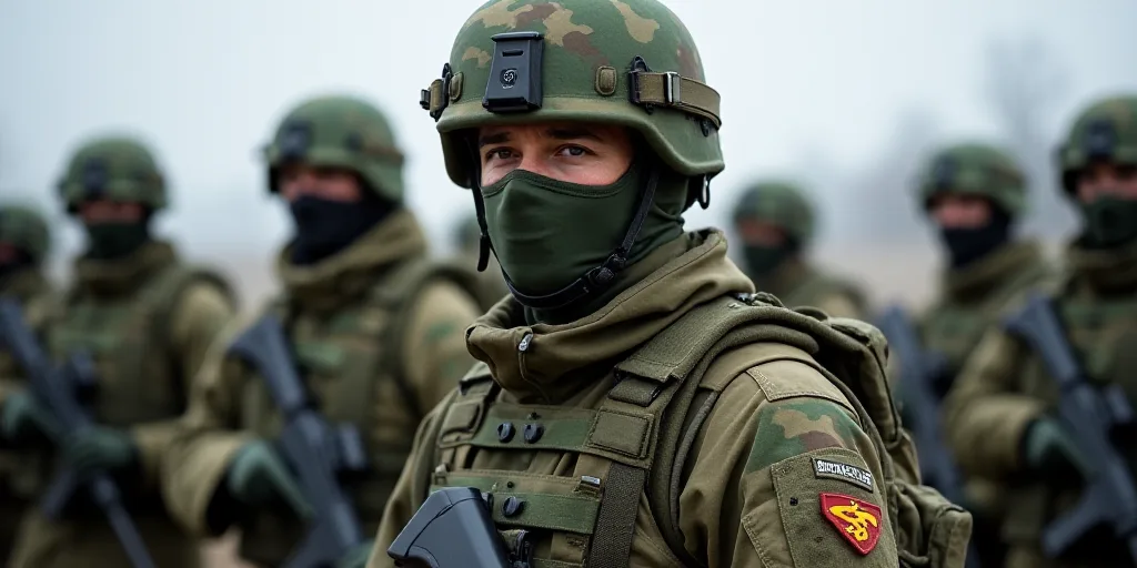a man in a camouflage uniform wearing a face mask and looking off to the side of the camera with oth