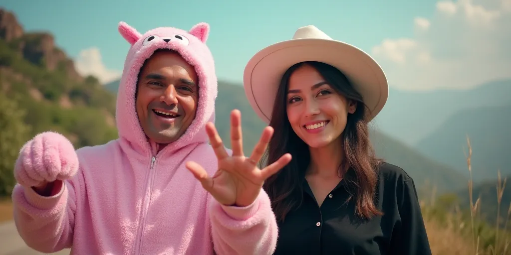 a man in a costume holding a sign with a large face and a hand up to the camera, and a woman in a bl