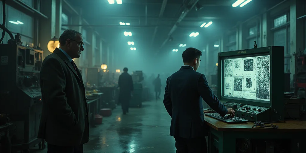 a man in a factory checking a machine for something to do on the machine while another man watches h