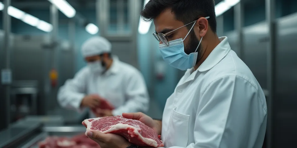 a man in a factory wearing a mask and holding a piece of meat in his hands and wearing a protective