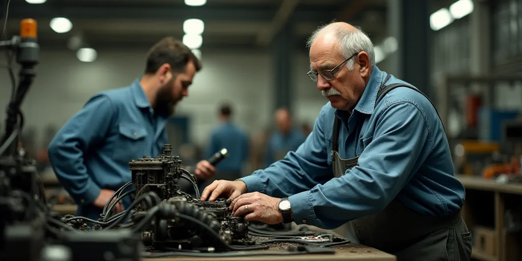 a man in a factory working on a machine with another man in the background working on something with