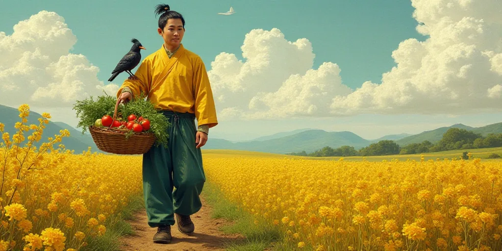 a man in a field with a basket of vegetables in his hand and a bird on his shoulder,, Cao Buxing, or
