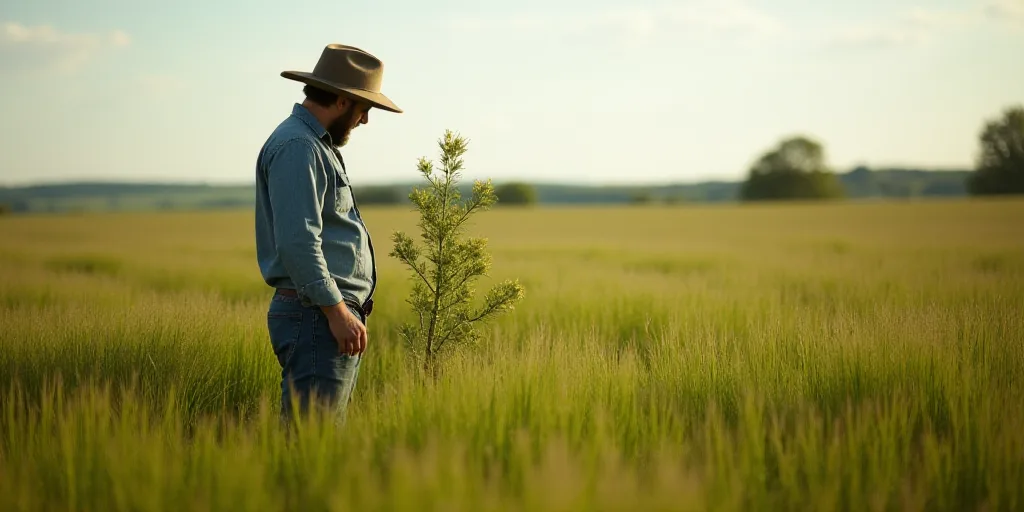 a man in a field with a hat and jeans on, looking at a plant in the middle of the field, Clovis Trou