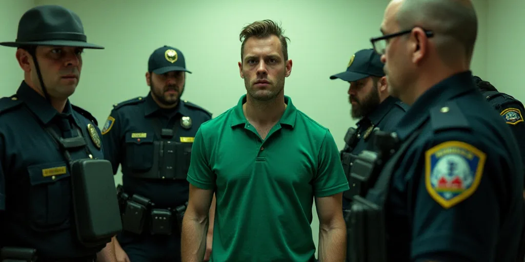 a man in a green shirt is surrounded by police officers and a man in a black shirt is looking at the