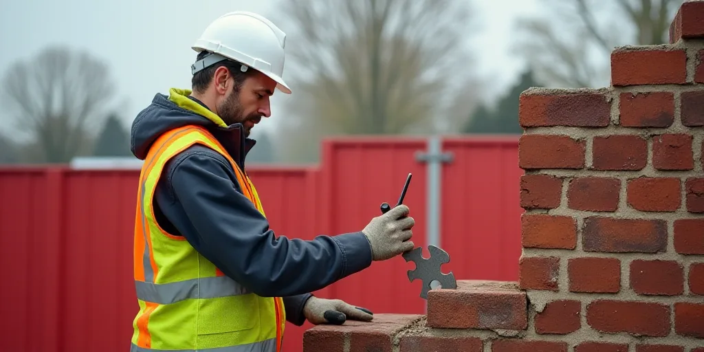 a man in a hard hat and safety gear working on a building site with red bricks and a red fence, Coli
