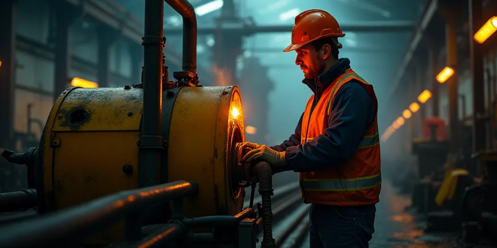 a man in a hard hat and safety gear working on a machine in a factory area with other machinery, Con