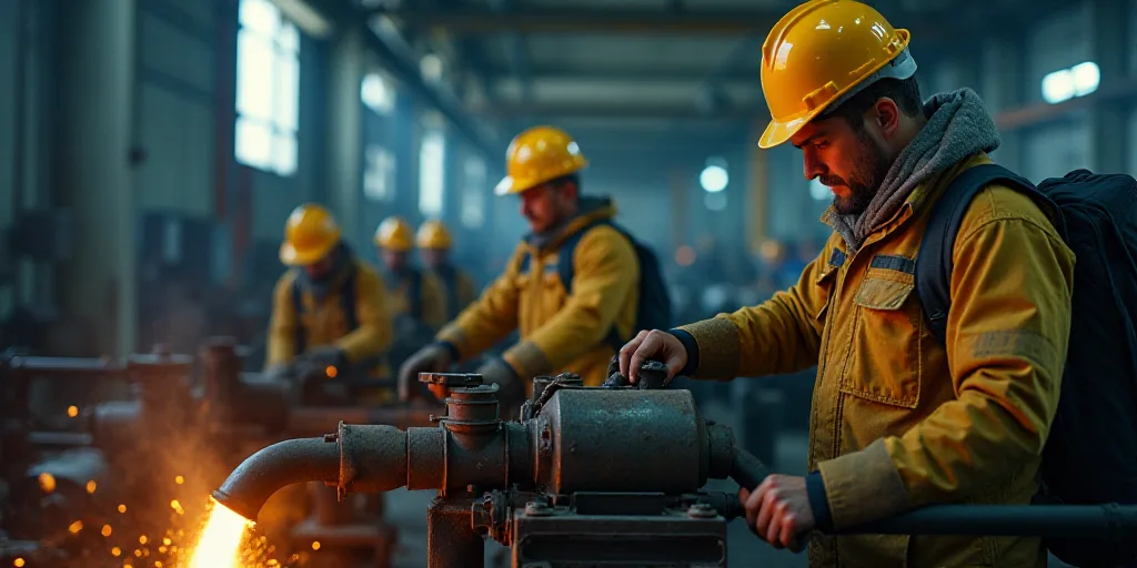 a man in a hard hat and safety gear is working on a machine with other men in the background, Aquira