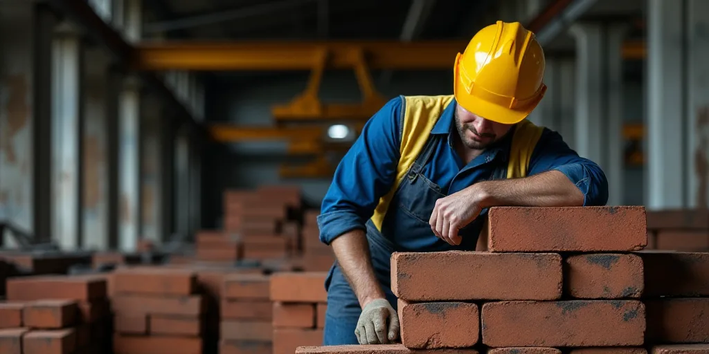 a man in a hard hat and safety gear is leaning over a pile of bricks and steels in a warehouse, Andr