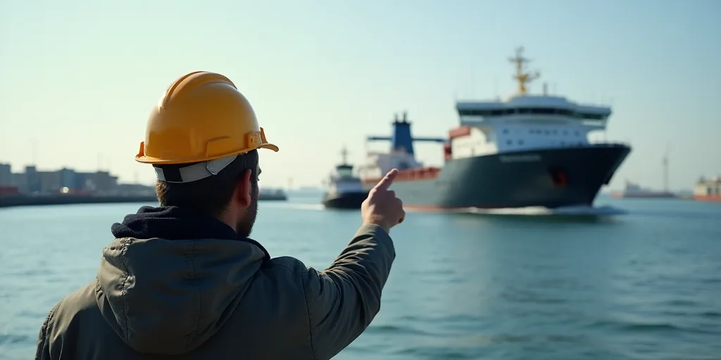 a man in a hard hat pointing at a large ship in the water with a tug boat in the background, Cedric