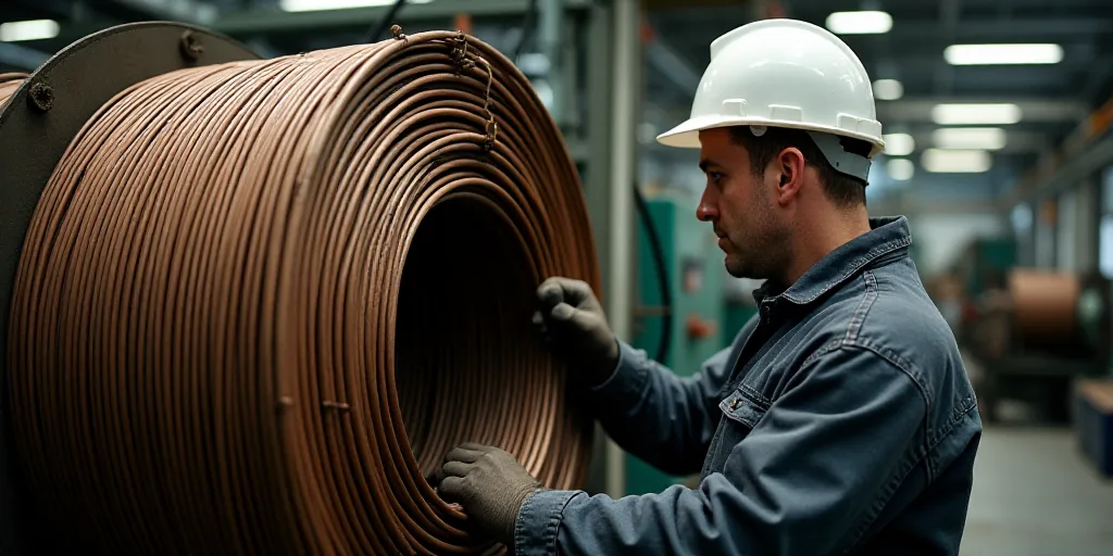 a man in a hard hat working on a large coil of wires in a factory with a machine in the background,