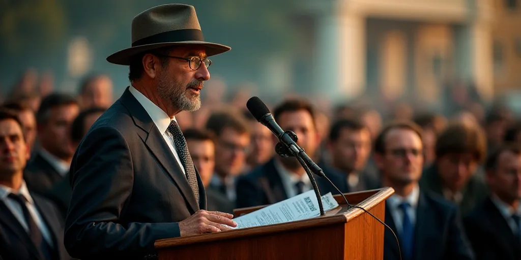 a man in a hat and glasses speaking at a podium with a microphone in front of him and a crowd, Ameri