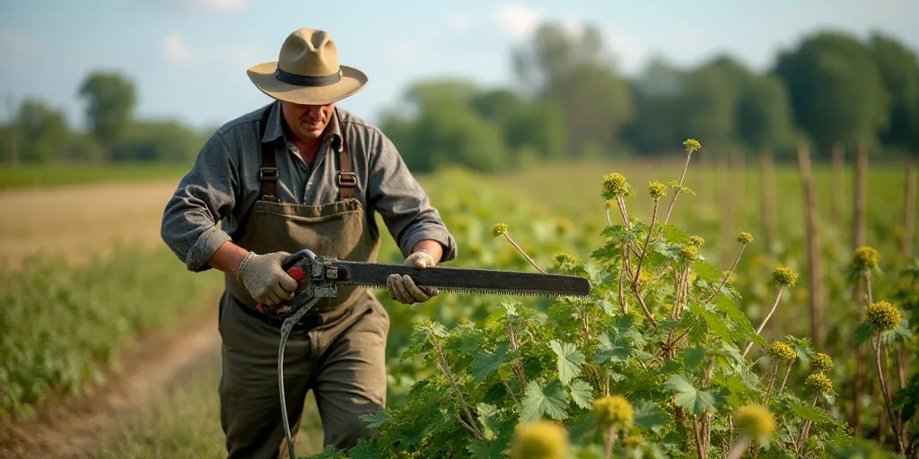a man in a hat and gloves is picking plants in a field with a saw and a tool in his hand, Don Arday,